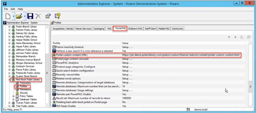 Image of the Polaris PowerPAC Administration Explorer highlighting the Profiles configuration options