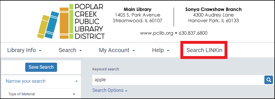 Image of the Poplar Creek Public Library District online catalog with a hyperlink in the top navigation menu to “Search LINKin,” their INN-Reach resource sharing network. 