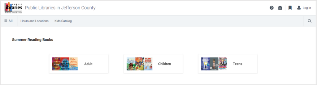 Screenshot showing Jefferson County Public Library's showcase of Summer Reading Books for various reading levels in the Vega Discover interface