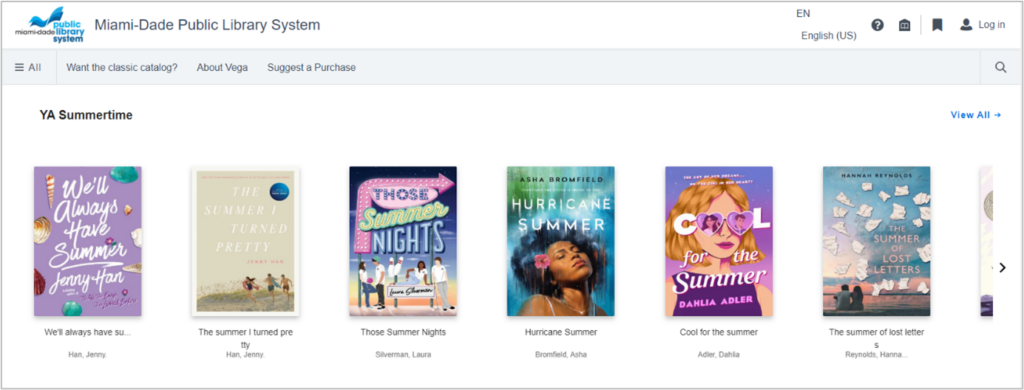 Screenshot showing MDPLS's showcase of YA Summertime titles in the Vega Discover interface