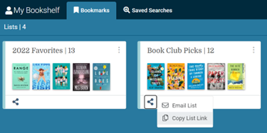 Screenshot of the My Bookshelf feature in Vega Discover, showing the Share > Copy List Link option